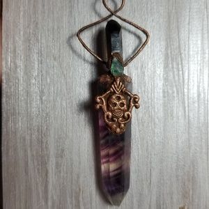 TVD BlueApatiteSmokeyQuartzFluorite Skull Necklace
